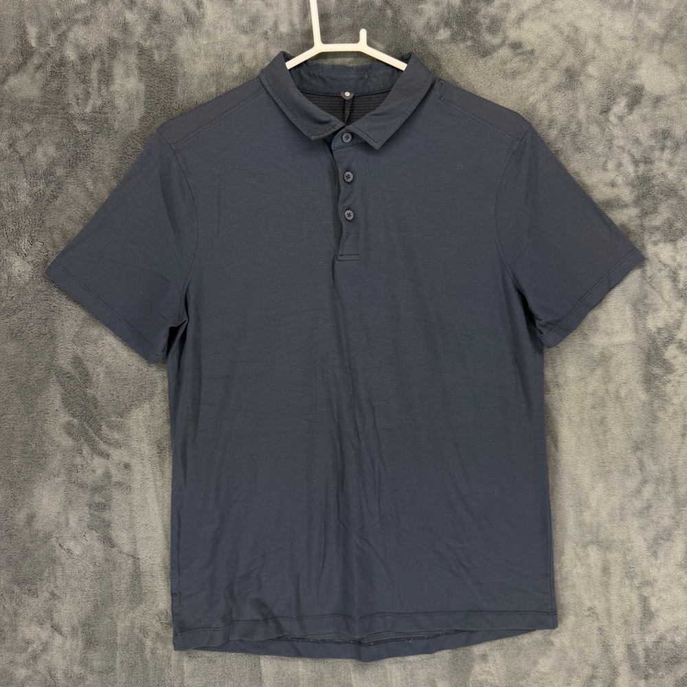 Lululemon Mens Metal Vent Tech Polo Shirt Navy Blue Stripe Size L Short‎ Sleeve